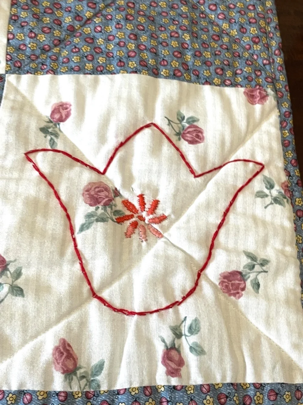 Handmade Quilt Whimsical Hand Embroidered Colorful Lap or Child Size